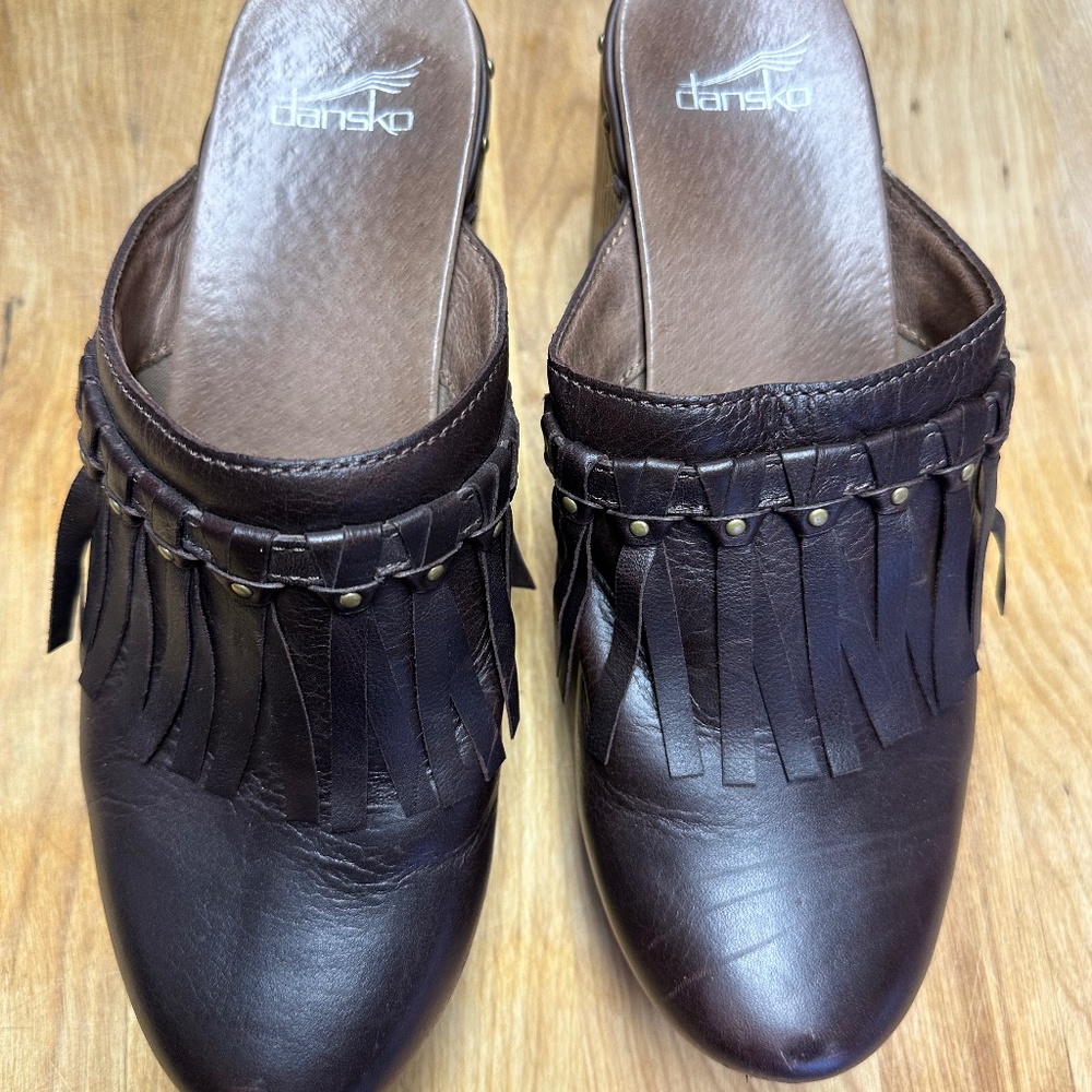Dansko DENI Brown Leather Fringe Mules Clogs Women's EU Size 41